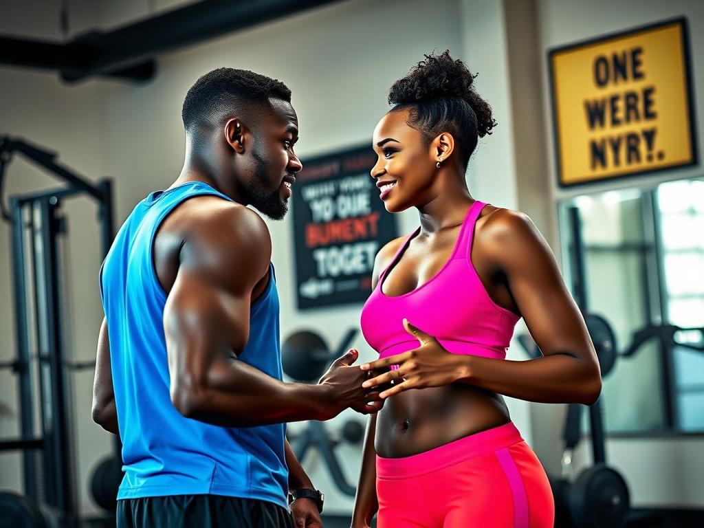 A black man and a female engaging in a conversation in a gym setting. Both are wearing different vibrant colors, with the man in a bright blue tank top and the woman in a vivid pink sports bra. The background features gym equipment and a motivational poster on the wall. The composition should be simple and clear, focusing on the two subjects in an active and friendly interaction.