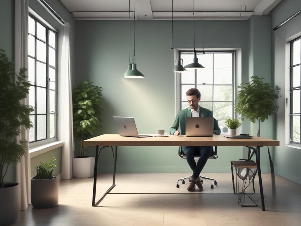 A single, confident young professional sitting at a minimalist desk