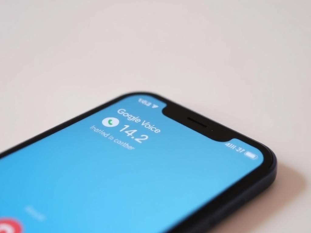 A close-up shot of a smartphone displaying the Google Voice app interface with a USA verified number. The background is simple and clean, emphasizing the smartphone. The focus is on the screen showing incoming calls and message notifications, showcasing seamless communication. The image should be realistic and high-resolution, capturing the details of the phone and app clearly.