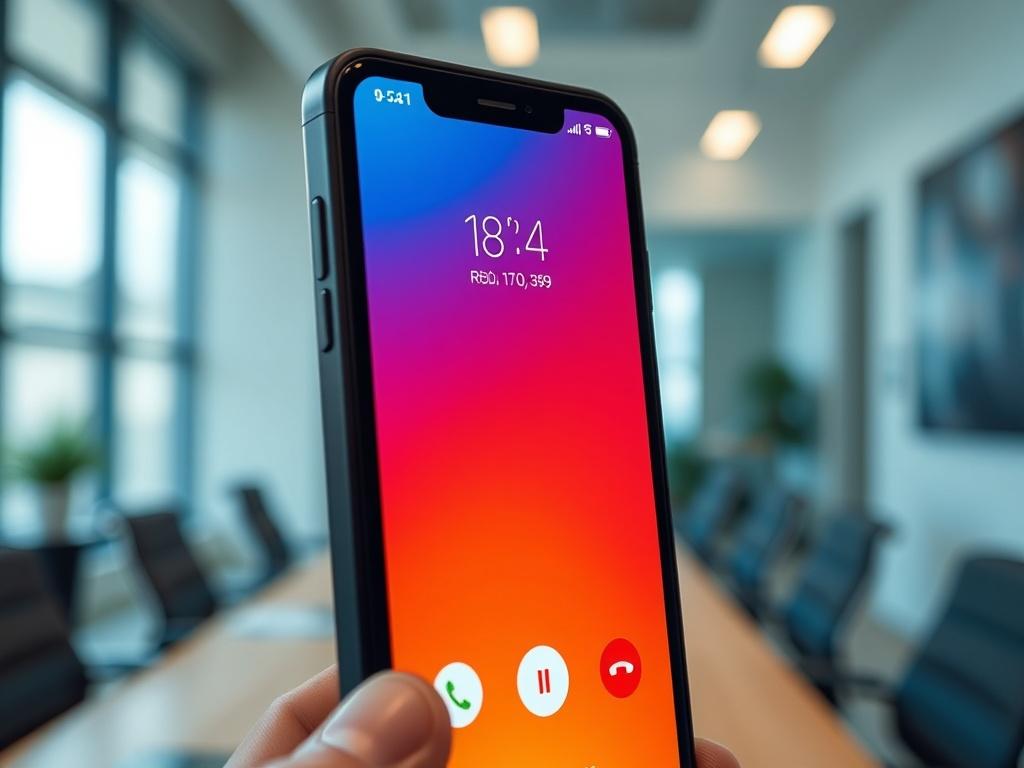 A close-up shot of a smartphone displaying the Google Voice app interface. The background is a simple, modern office setting with a soft-focus effect. The phone screen shows an incoming call screen with a USA number highlighted. Use hyper-realistic rendering to capture the details of the phone and app interface, with vibrant colors that align with the rgb(50, 170, 39) primary color.