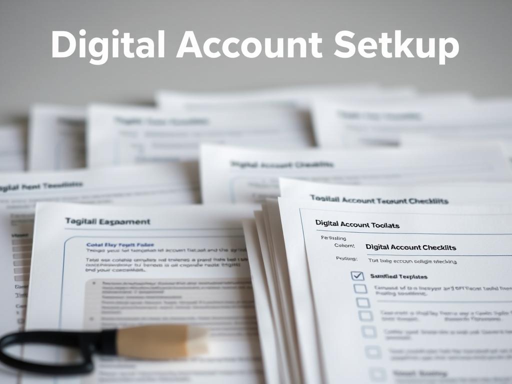 A close-up shot of a digital toolkit for Digital Account Setup, featuring an organized collection of templates and checklists. The background should be minimal and modern, focused on the toolkit's design and usability. The composition should convey a sense of organization and efficiency, highlighting the toolkit as an essential resource. Shot with a 45mm f/1.2 lens.