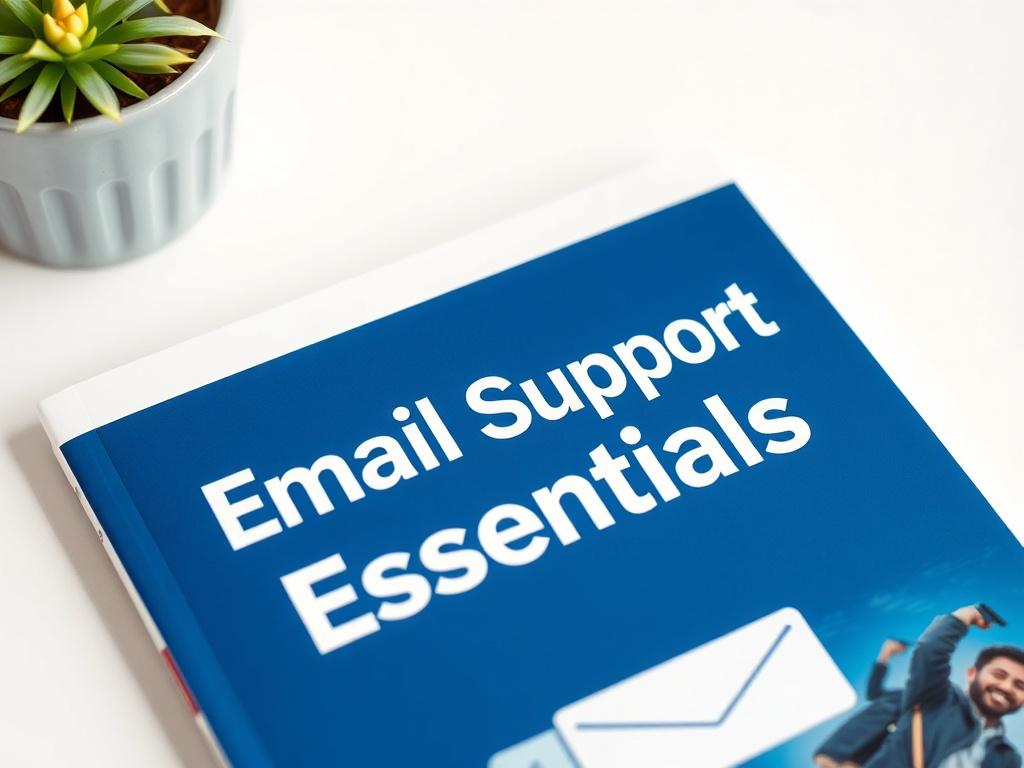 A close-up shot of a digital guide titled 'Email Support Essentials', showcasing its modern and professional design. The background should be clean and simple, emphasizing the guide's contents and usability. The composition should highlight the focus on email management, with elements that suggest clarity and efficiency. Shot with a 45mm f/1.2 lens.