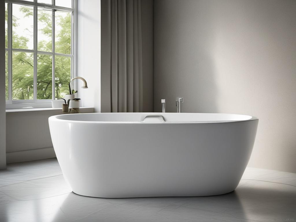 A hyper-realistic close-up photo of a modern, elegant bathtub with smooth curves and a glossy finish. The shot is taken with a 45mm f/1.2 lens style, capturing fine details of the bathtub's surface texture and sleek design. The background is softly blurred, highlighting the bathtub as the sole subject. The lighting emphasizes the bathtub's clean lines and luxurious feel, with subtle reflections on its surface. The image uses the rgb(155, 2, 2) primary color subtly in the background to complement the product