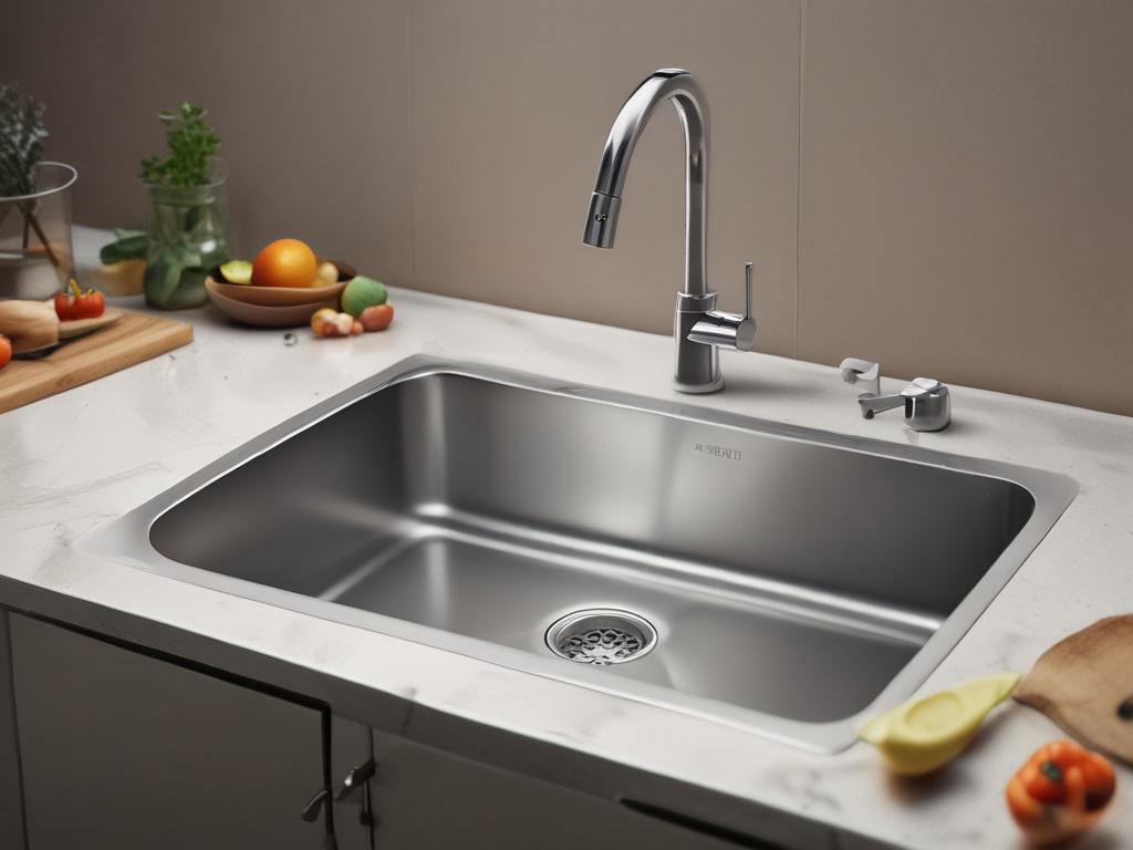 A realistic high-resolution close-up photo of a modern kitchen sink, shot with a 45mm f/1.2 lens style. The sink is made of stainless steel with a sleek, polished finish. It is installed in a stylish countertop made of sintered stone with subtle veining. The composition is simple and clear, focusing on the sink basin and the faucet. The background is softly blurred to emphasize the sink, with warm natural light enhancing the metallic texture. The image uses the primary color rgb(155, 2, 2) subtly reflected 