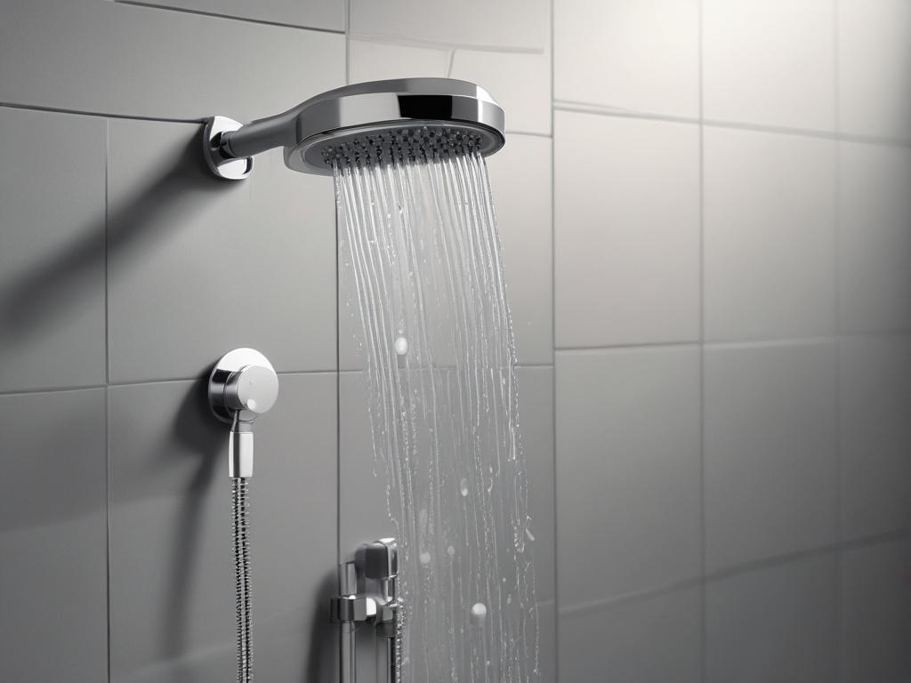 A hyper-realistic close-up photo of a high-quality shower kit, featuring sleek metal fixtures including a showerhead, control knobs, and a handheld shower wand. The composition focuses on the details and craftsmanship of the shower parts, shot with a 45mm f/1.2 lens style to create a shallow depth of field and sharp focus on the metal textures. The background is softly blurred with subtle tones matching the rgb(155, 2, 2) primary color, enhancing the luxurious and durable appearance of the product.