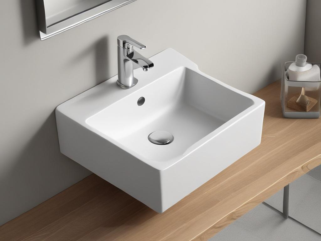 A realistic, high-resolution close-up photo of a modern bathroom sink. The sink is white porcelain with a smooth, glossy finish, set against a neutral background that enhances the sink's clean lines. The photo is shot with a 45mm f/1.2 lens style, focusing sharply on the basin and faucet, capturing the texture and details of the sink. The lighting highlights the sink's curves and edges, with a subtle reflection on the glossy surface. The primary color rgb(155, 2, 2) is softly reflected in the ambient backgr
