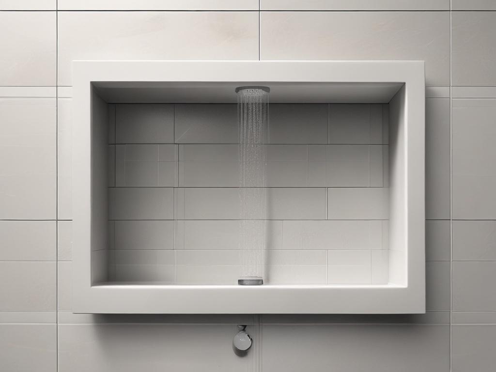 A realistic high-resolution photo of a modern shower niche installed in a tiled shower wall. The niche is rectangular with clean, sharp edges and a smooth finish. It is designed to hold shower essentials such as shampoo bottles and soap. The background shows elegant, neutral-toned tiles with subtle texture, emphasizing the niche as the single subject in the image. The photo is a close-up shot taken with a 45mm f/1.2 lens style, capturing fine details and a shallow depth of field. The image color tones are c