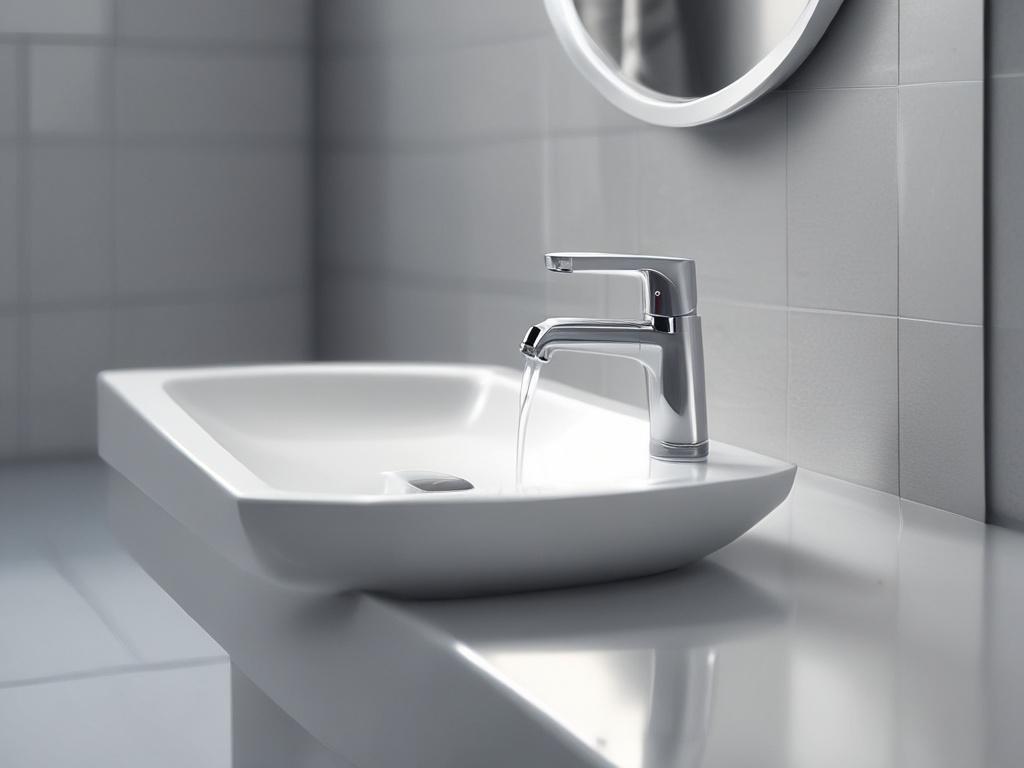 A hyper-realistic close-up shot of a modern bathroom faucet in chrome finish, captured with a 45mm f/1.2 lens style. The faucet is sleek and elegant, with smooth curves and a shiny surface that reflects soft natural light. The background is softly blurred with warm neutral tones, emphasizing the faucet as the single subject. The image's color palette harmonizes with the rgb(155, 2, 2) primary color, adding a subtle red tint to the reflections and highlights, enhancing the luxurious feel of the product.