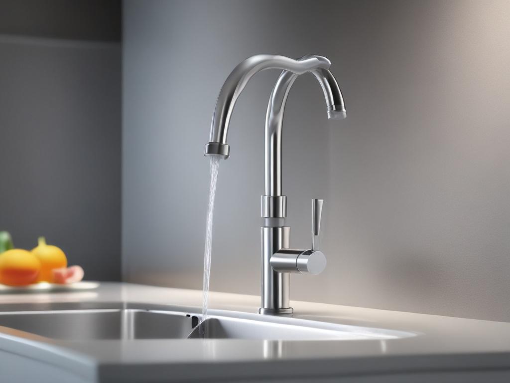 A hyper-realistic, close-up shot of a sleek, modern kitchen faucet with a brushed stainless steel finish. The faucet features a high arc and a pull-down spray head, showcasing its functional design. The background is softly blurred to emphasize the faucet, with warm, natural kitchen tones that complement the rgb(155, 2, 2) primary color of the website. Shot with a 45mm f/1.2 lens style, capturing fine details and reflections on the metal surface.
