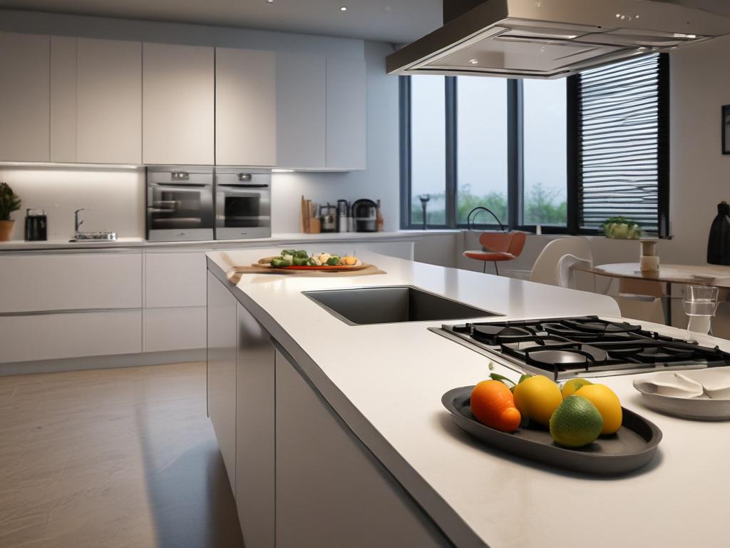 A hyper-realistic, high-resolution close-up photo of a modern kitchen feature categorized under 'Kitchen – Others'. The image focuses on a sleek, custom kitchen island countertop made of sintered stone. The composition is simple and clear with the countertop as the sole subject, shot with a 45mm f/1.2 lens style to capture fine texture details and the natural stone pattern. The background is softly blurred to emphasize the countertop's surface. The overall color tone includes subtle hints of rgb(155, 2, 2) 