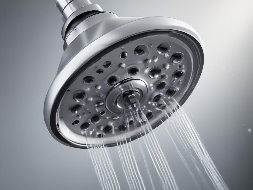 A hyper-realistic close-up shot of a high-quality showerhead with sleek chrome finish, captured with a 45mm f/1.2 lens style. The background is softly blurred to emphasize the showerhead, featuring water droplets glistening on the surface to highlight freshness and cleanliness. The image uses a color palette compatible with rgb(155, 2, 2) as the primary color, creating a warm and inviting atmosphere.