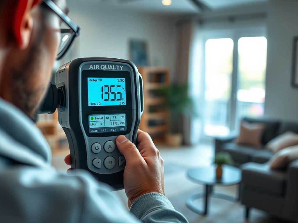 A close-up shot of a professional air quality testing device in use, showing a technician carefully measuring air quality in a home environment. The setting is a modern living room with natural light coming through a window. The focus is on the device displaying readings, with hints of furniture and decor in the background, creating a realistic and engaging atmosphere.