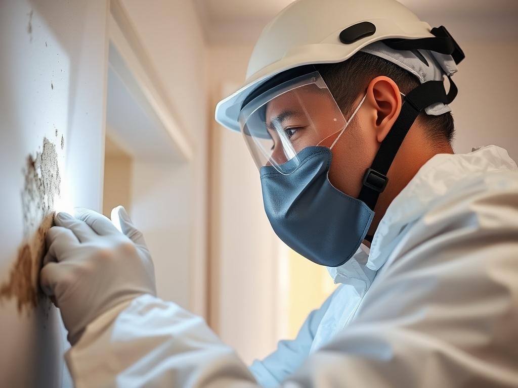 A realistic high-resolution photo of a professional conducting a mold assessment in a home. The scene depicts a person wearing protective gear, inspecting a wall for mold growth with a flashlight. The background shows a clean, well-lit interior space, emphasizing safety and professionalism. The focus is on the inspector and the area being examined, capturing the seriousness of mold assessment with clear details.