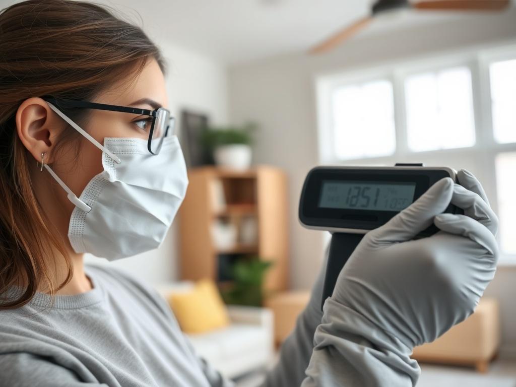 A close-up shot of a woman wearing a protective mask and gloves, conducting air quality mold testing in a residential setting. She is focused and attentive, holding a testing device that measures mold spores in the air. The background shows a well-lit room with a clean, modern aesthetic, emphasizing safety and professionalism. The scene conveys a sense of trust and care for the health of the home's occupants.
