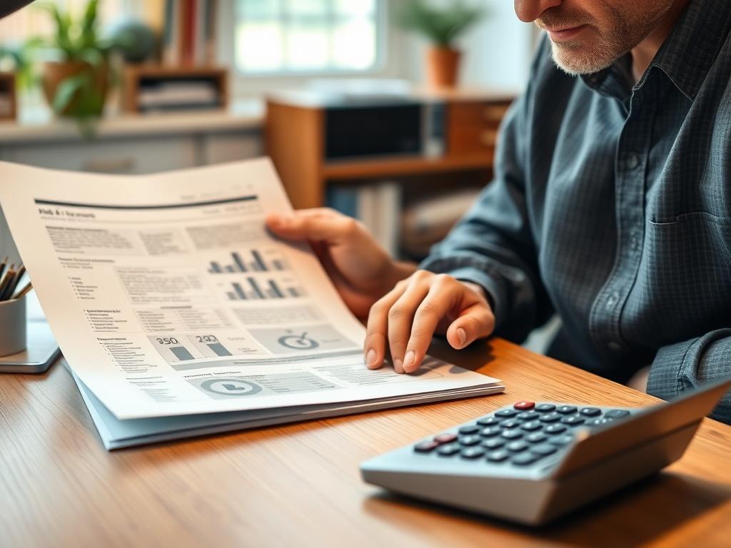 A realistic close-up of a homeowner reviewing a detailed mold assessment report with a calculator on the table, representing cost-effective decision-making. The setting should be a well-lit home office, conveying a sense of responsibility and proactive management.