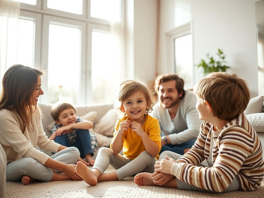 A close-up shot of a family, including children, happily playing in a bright, clean living room, symbolizing a healthy home environment. The image should convey warmth and safety, with sunlight streaming through the windows, highlighting the importance of mold-free living.