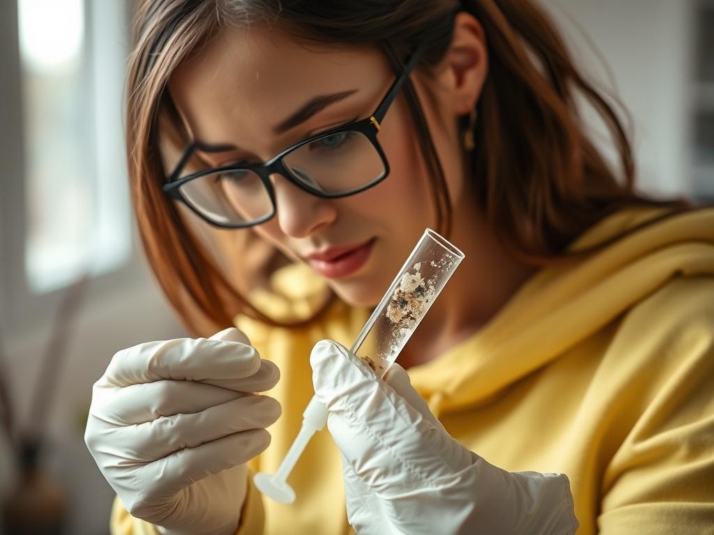 A close-up shot of a woman taking a mold sample in a residential setting. She is wearing gloves and using a sampling tool, focused on her task. The background is slightly blurred to emphasize her and the mold sample. The lighting is soft and natural, creating a realistic and professional atmosphere. The color palette should harmonize with the primary color #1C6220.