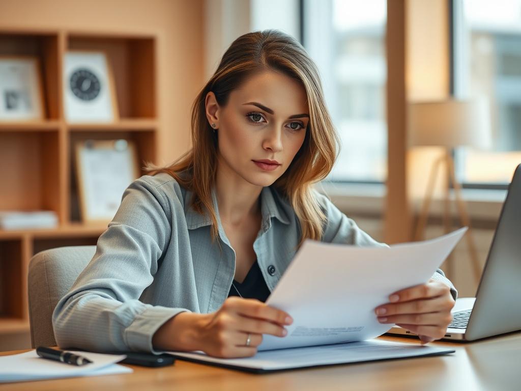 A close-up shot of a woman sitting at a desk, looking focused and determined as she reviews insurance claim documents. The background is softly blurred to keep the focus on her, with a neat and organized workspace featuring a laptop, a notepad, and a pen. The lighting is warm and inviting, highlighting her expression of confidence and resolve.