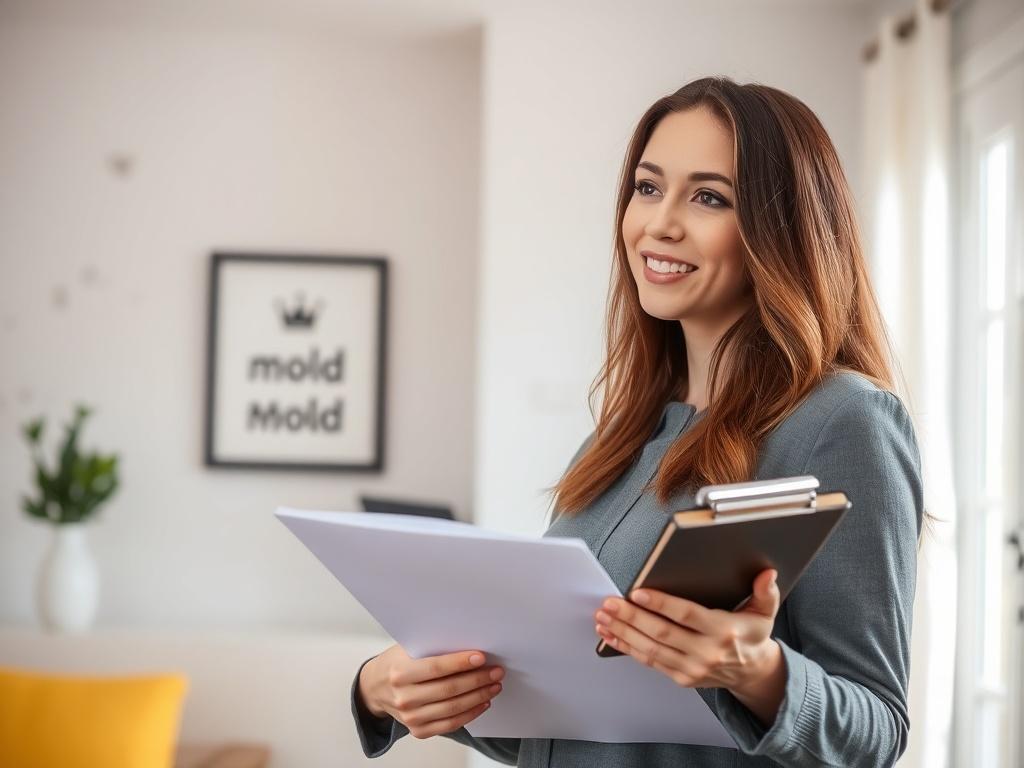 A close-up shot of a woman conducting a mold remediation consultation. She is standing in a well-lit room, wearing professional attire, and holding a clipboard with documents. The background features a clean, modern home environment with subtle hints of mold (e.g., small dark spots on walls) to illustrate the context. The focus is on her engaged expression, showcasing her expertise and approachability. The color scheme of the image aligns with the primary color #1C6220.