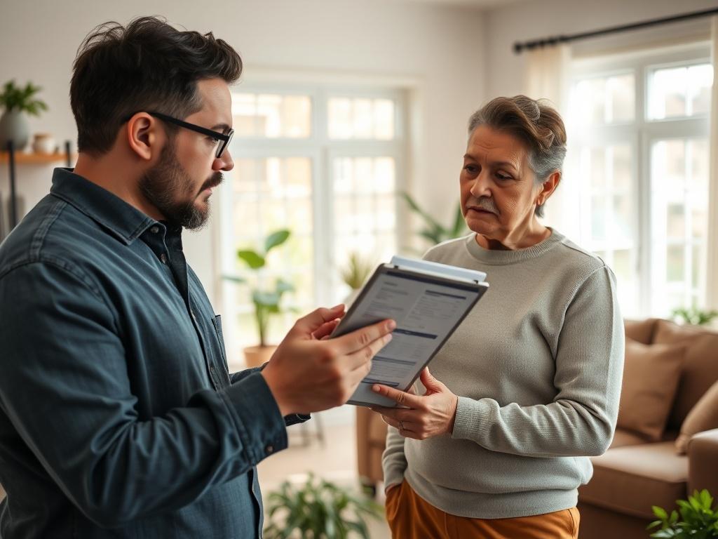 A professional mold remediation consultant engaging with a homeowner inside a brightly lit living room. The consultant is showing a mold assessment report on a tablet while the homeowner looks attentive and concerned. The background features a cozy home setting with furniture and indoor plants, creating a warm atmosphere. The focus is on the consultant and homeowner interaction, emphasizing trust and expertise.