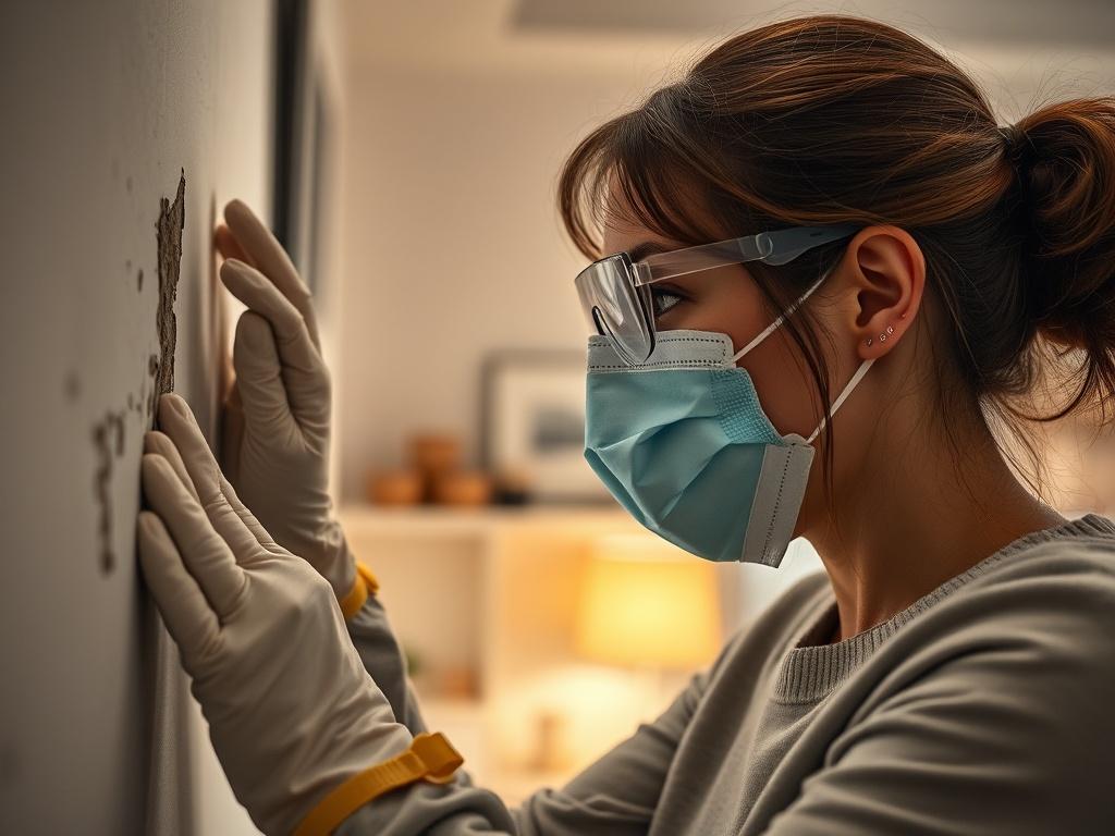 A woman conducting a mold inspection in a residential setting. She is wearing protective gloves and a mask, focused on examining a wall for mold growth. The background shows a well-lit, cozy room with subtle home decor. The composition is a close-up shot to capture the details of her inspection tools and her determined expression.