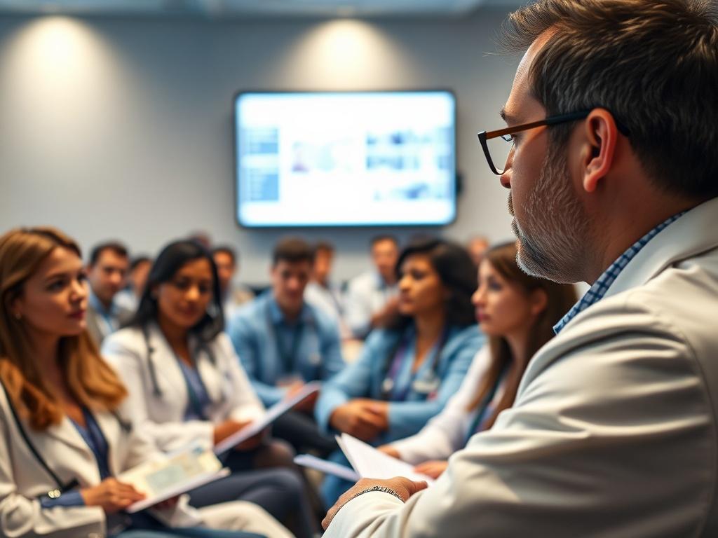 A close up shot of a medical conference with a