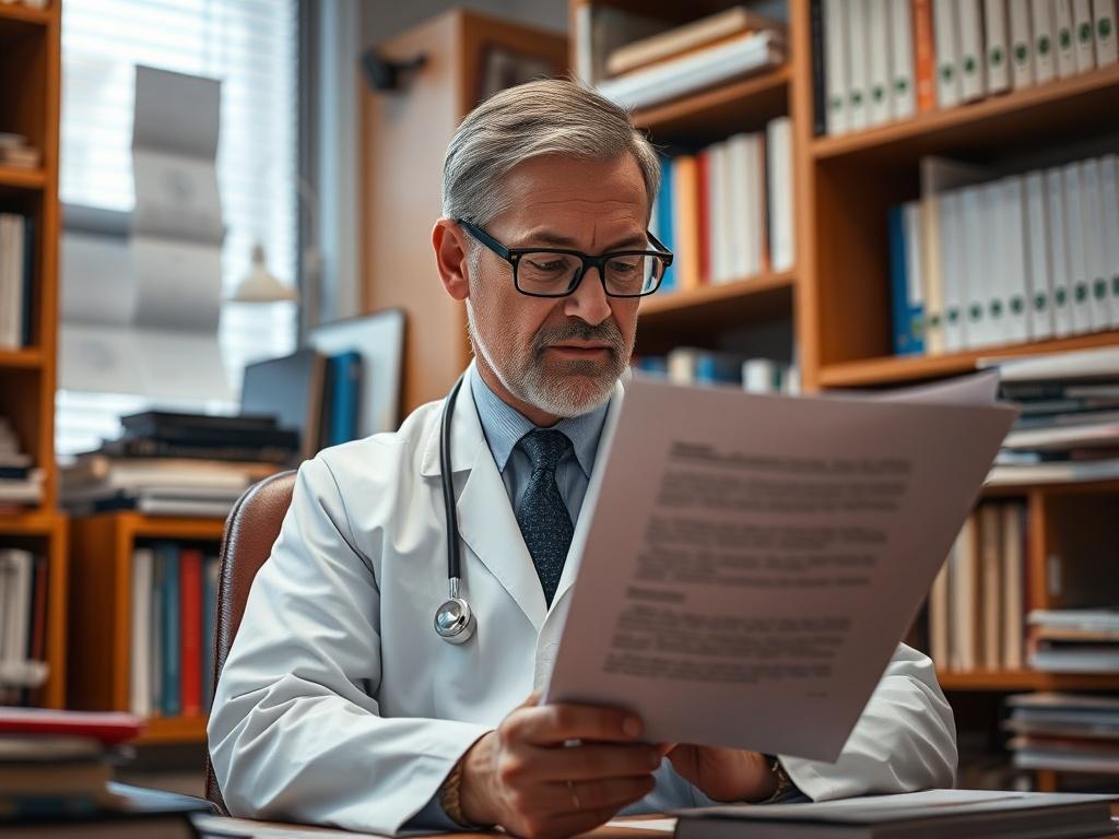 A close up shot of a focused oncologist reading a