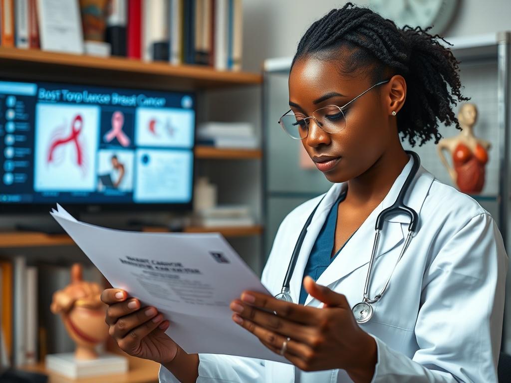 Create a highly realistic high-resolution photo featuring a close-up of a female oncologist in a clinical setting, deeply focused as she examines a medical report related to breast cancer treatment. The oncologist should be of diverse descent, wearing a white coat and a stethoscope around her neck, embodying compassion and dedication. The background should be softly blurred, showcasing elements of a doctor's office, such as shelves filled with medical books, a digital monitor displaying medical charts, and 