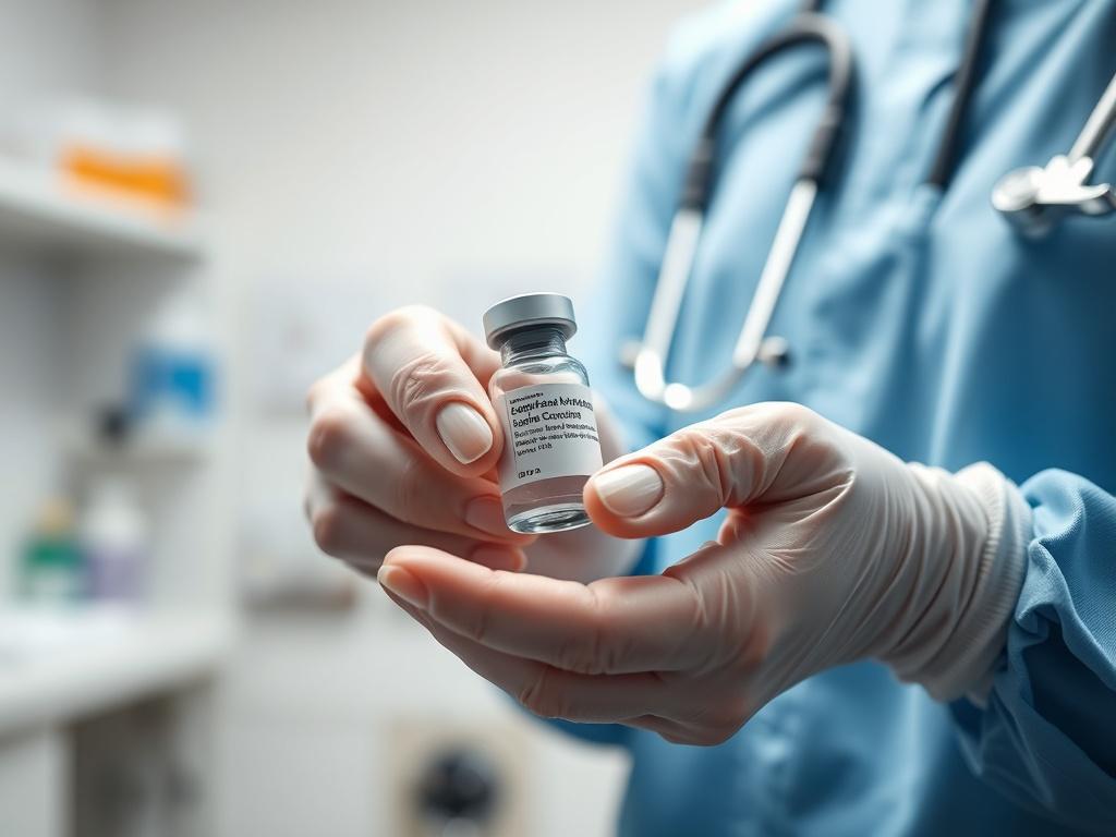 A hyper-realistic close-up image of a healthcare professional preparing chemotherapy medication in a clinical setting. The image should focus on the healthcare professional's hands, showcasing a vial of chemotherapy drug with a clean and organized background. The lighting should be soft and inviting, emphasizing the care and professionalism in the environment. Use a 45mm f/1.2 lens style for a sharp focus on the subject and a blurred background, compatible with the primary color rgb(50, 170, 39).