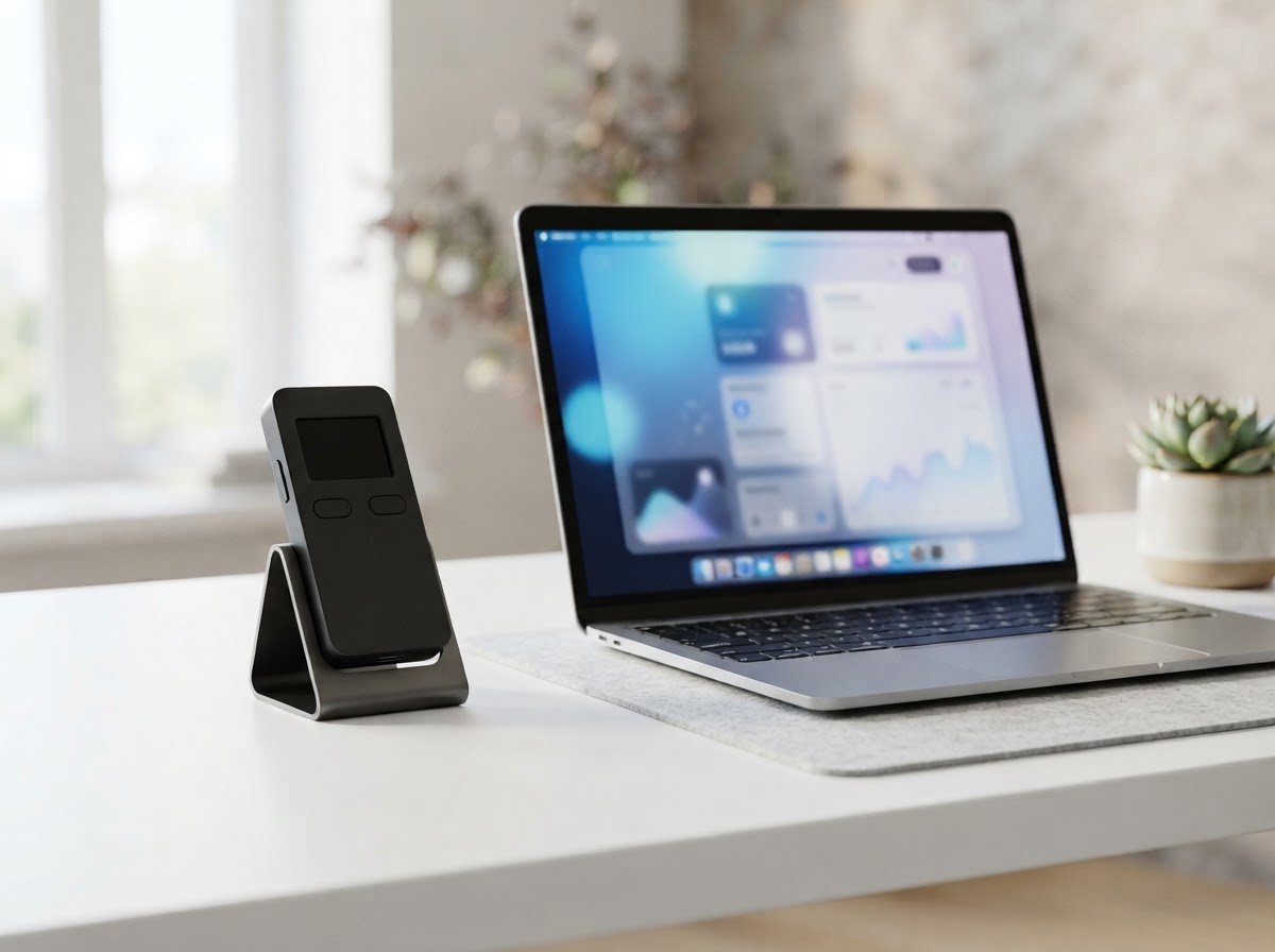 A generic hardware wallet beside a laptop displaying a softly blurred desktop dashboard