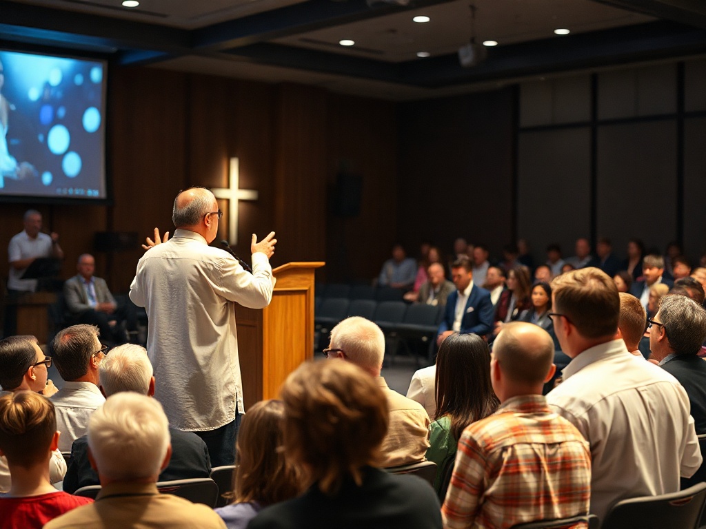 Christian leader teaching from stage