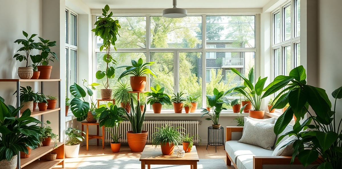 Bright living room with lush houseplants