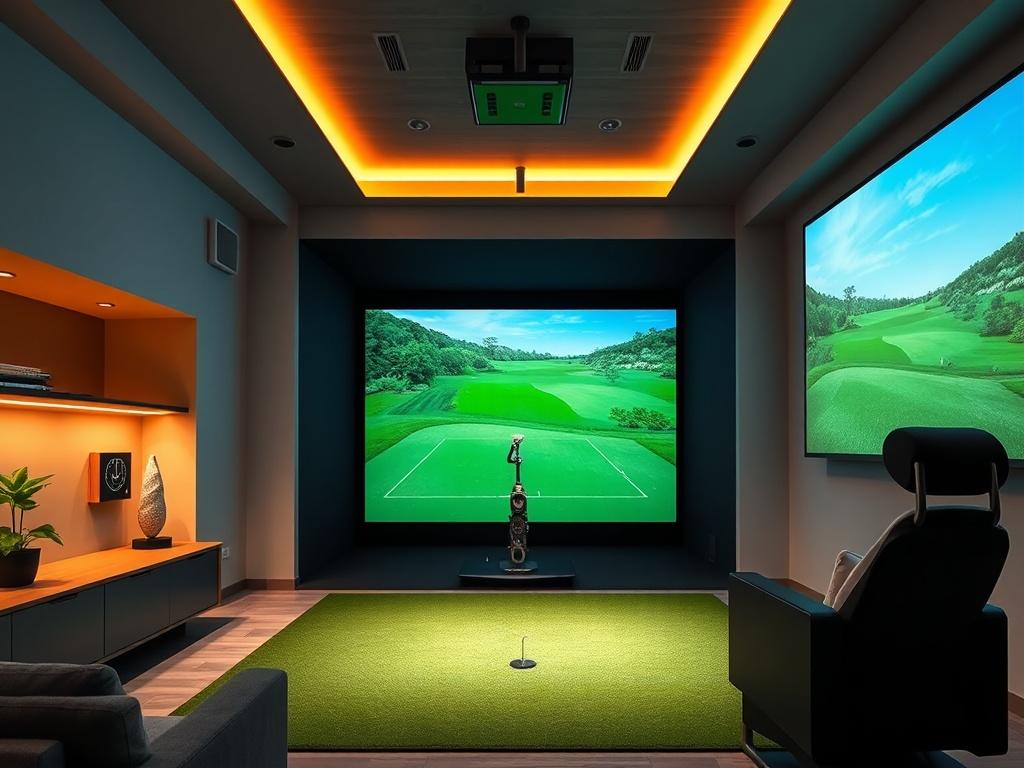 A realistic high-resolution image depicting a custom-designed golf simulator space that integrates seamlessly into a modern home. The image should highlight the unique design elements, including an aesthetically pleasing layout, custom lighting, and high-quality equipment. Emphasize a sense of sophistication and comfort in the environment, ensuring the golf simulator is the focal point.