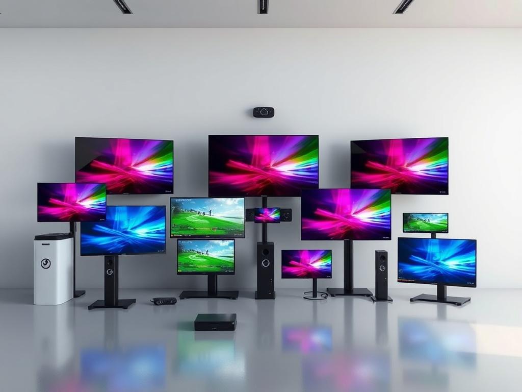 A high-resolution image showcasing a variety of golf simulator equipment, including launch monitors and screens, displayed in an organized and visually appealing manner. The equipment should be presented on a clean, modern backdrop, highlighting its features and quality. Use vibrant colors to make the products stand out while maintaining a professional and polished look.