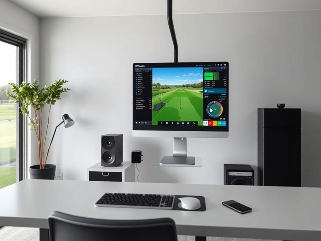 A high-resolution image showcasing a computer screen displaying the interface of professional simulator software, with realistic golf course graphics and analytical tools, set in a sleek home office environment.