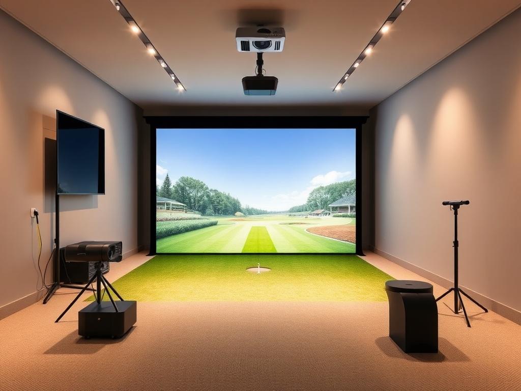 A high-resolution image of a golf simulator installation kit, featuring a projector, impact screen, and sensors neatly arranged in a minimalistic setting, showcasing clean lines and vibrant colors against a neutral background.