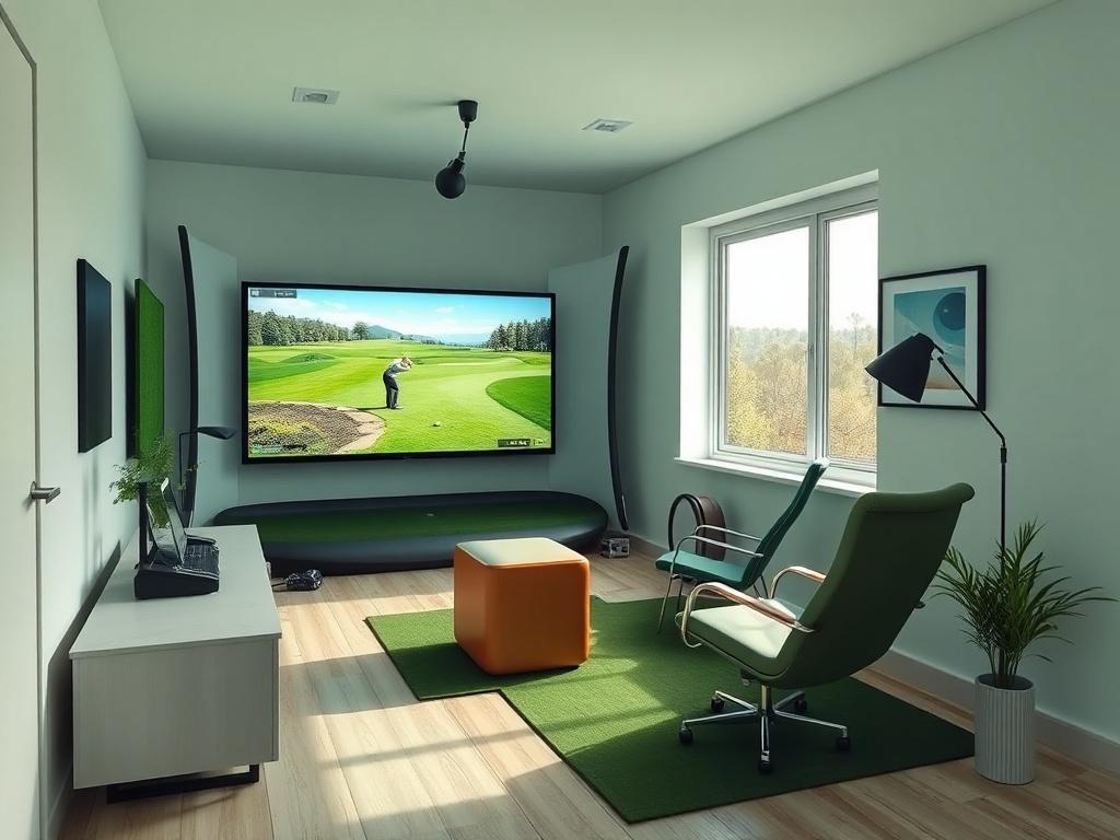 A clean and modern home office setting with a golf simulator setup in a corner, showcasing the simulator screen displaying a golf course, with no people present. The room is well-lit, with minimalistic decor and a vibrant green color theme.