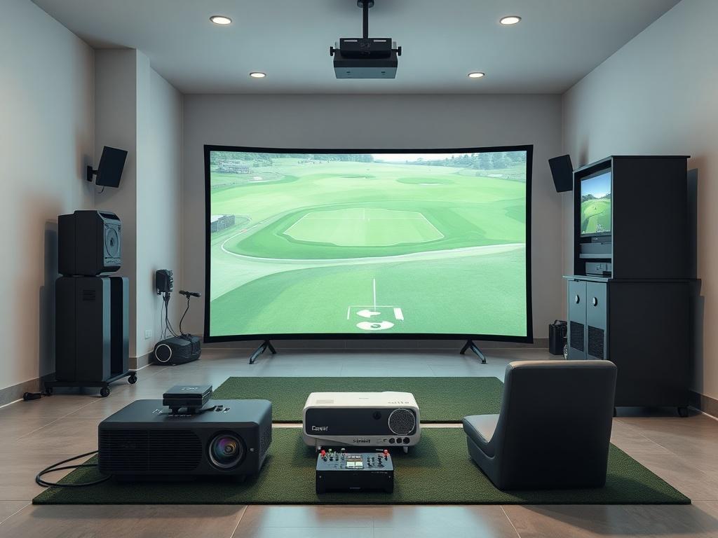 A well-organized workspace with golf simulator equipment laid out, including a projector, screen, and simulator unit, with no people present. The setting is clean and professional, showcasing the equipment ready for setup.