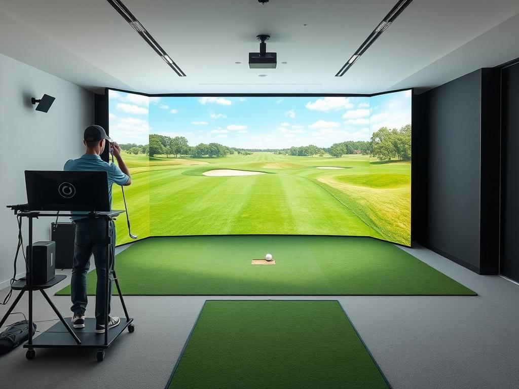 A golf simulator fully set up and operational, displaying a realistic golf course on the screen, with no people present. The setup is sleek and modern, emphasizing the technology and vibrant green grass of the virtual course.