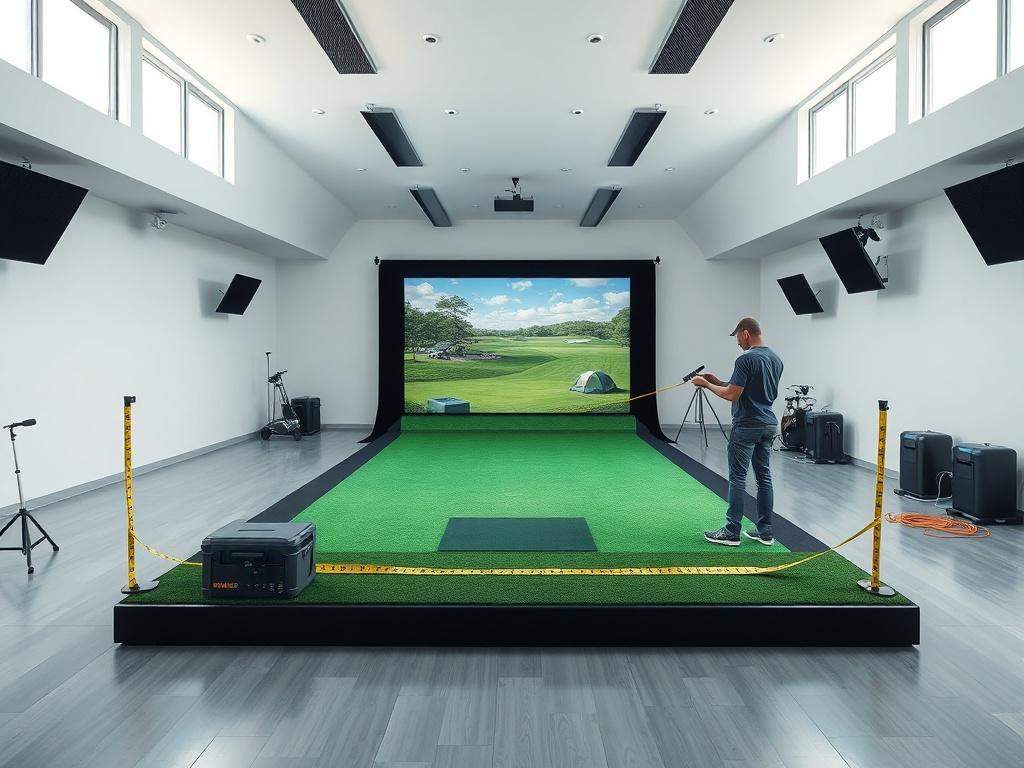 A spacious room being measured with tape by a professional, showcasing a golf simulator setup area with a focus on dimensions and layout, with no people present. The room is bright and airy with large windows.