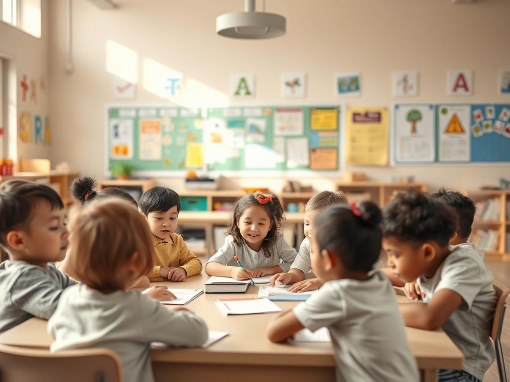 A peaceful classroom setting with a diverse group of children
