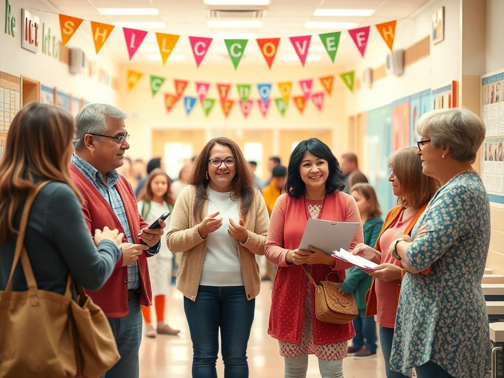 A heartwarming scene of parents and teachers interacting during a
