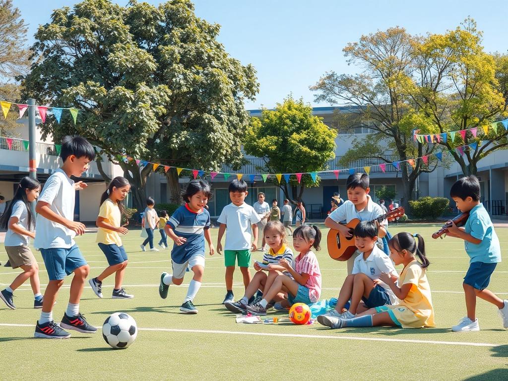 A vibrant scene of students participating in various extracurricular activities
