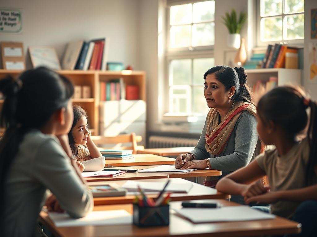 A serene classroom environment showcasing a teacher engaging with students