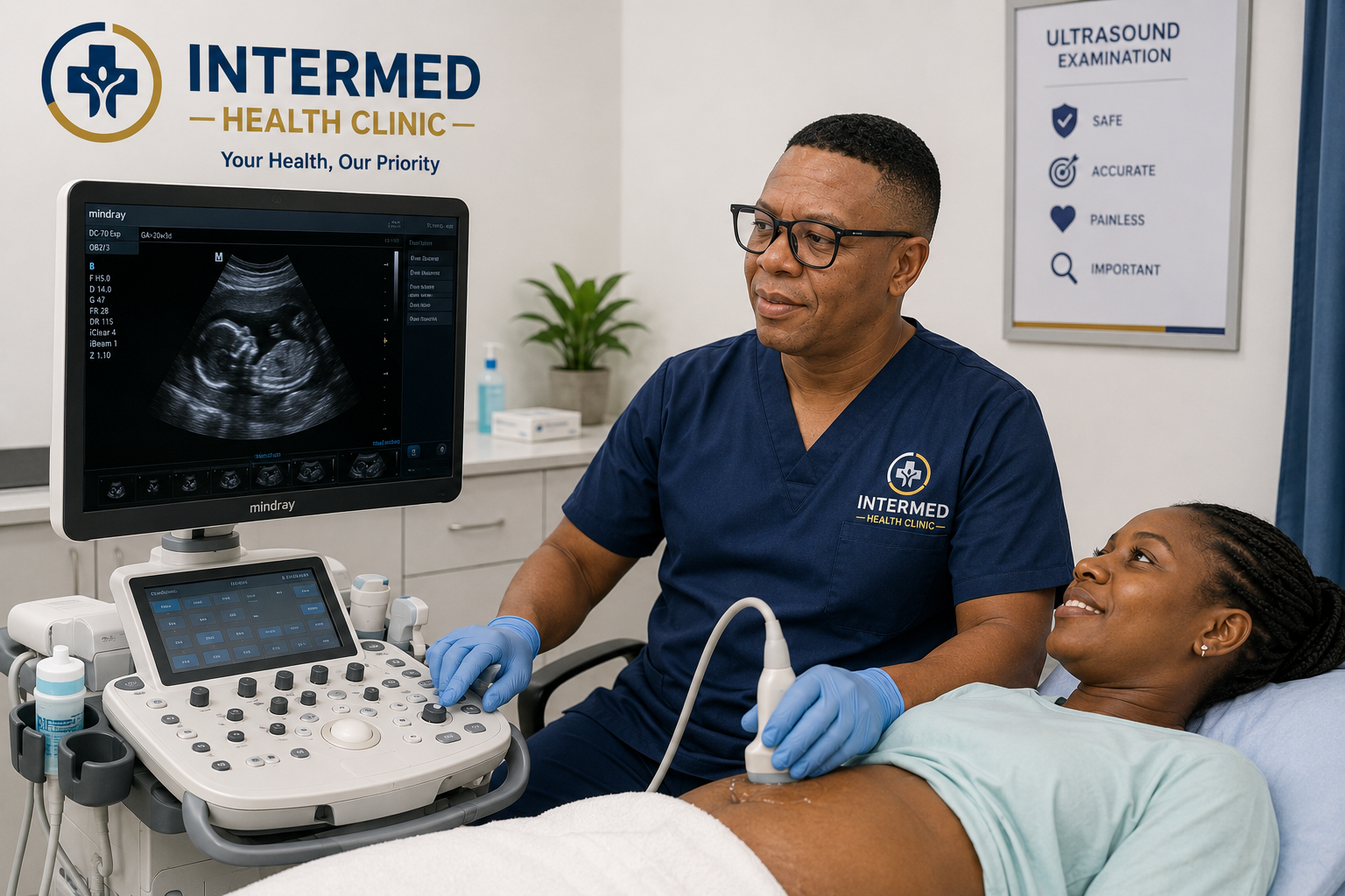 Professional performing ultrasound examination with modern equipment