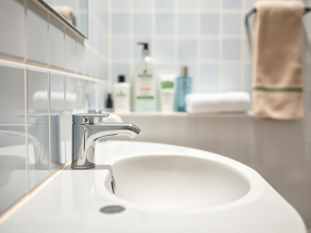 A close up shot of a sparkling clean bathroom with