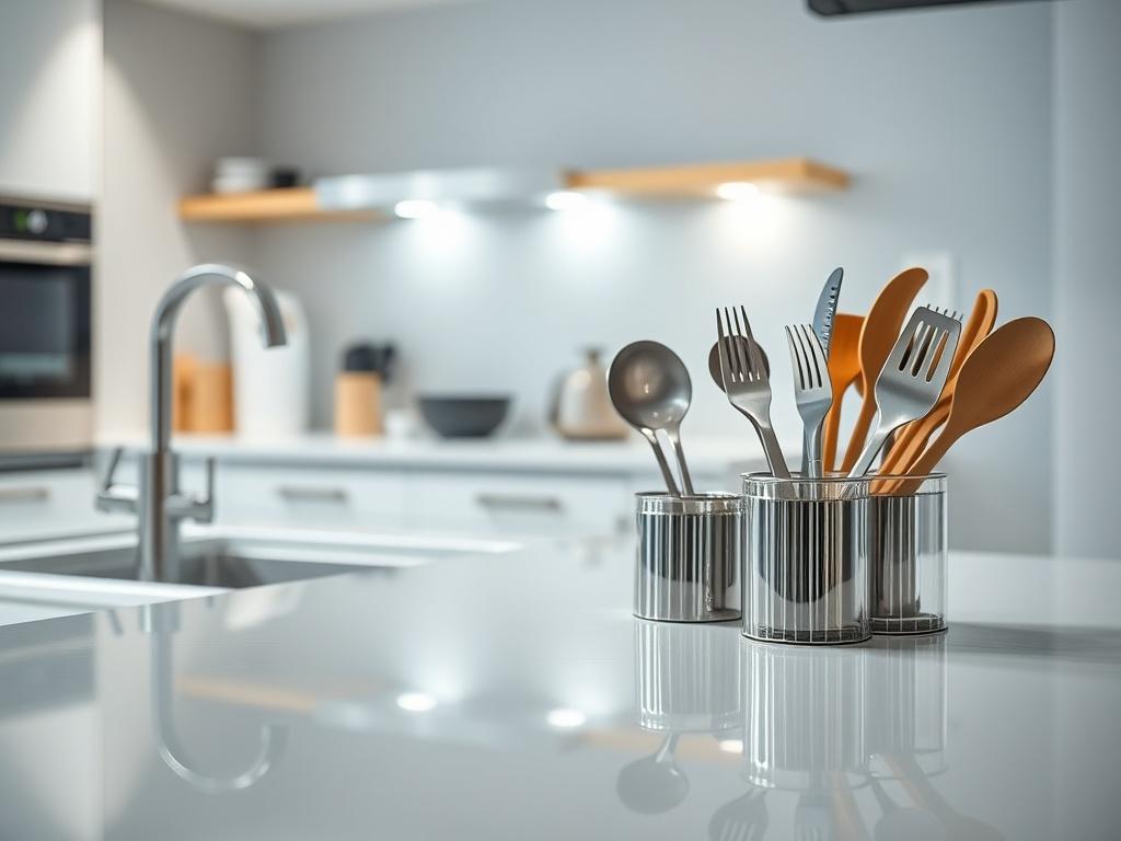 A close up shot of a pristine kitchen countertop with