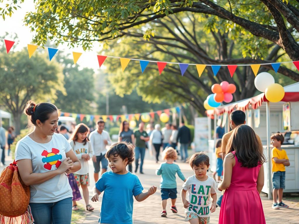 A vibrant community event in a park, featuring families and individuals engaging in fun activities related to autism awareness. Colorful banners, balloons, and booths create a festive atmosphere, with soft, natural lighting enhancing the cheerful ambiance.