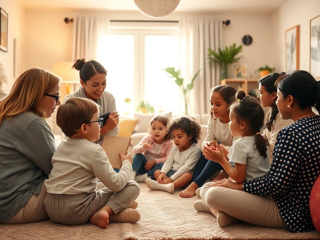 A warm and inviting family gathering in a cozy living room, showcasing a diverse group of parents and children engaging in a workshop about autism resources. The atmosphere is filled with soft lighting and gentle colors, creating a peaceful and supportive environment.