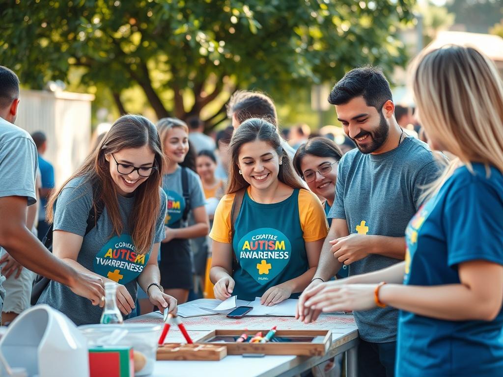 A group of enthusiastic volunteers working together at a community event, collaborating on activities that promote autism awareness. The scene is filled with energy, showcasing diverse individuals smiling and interacting in a sunny outdoor setting.